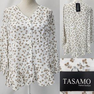 New Tasamo Womens 2XL Ivory & Mocha Semi-Sheer Peplum Hi Low V-neck Top 3/4 Slv